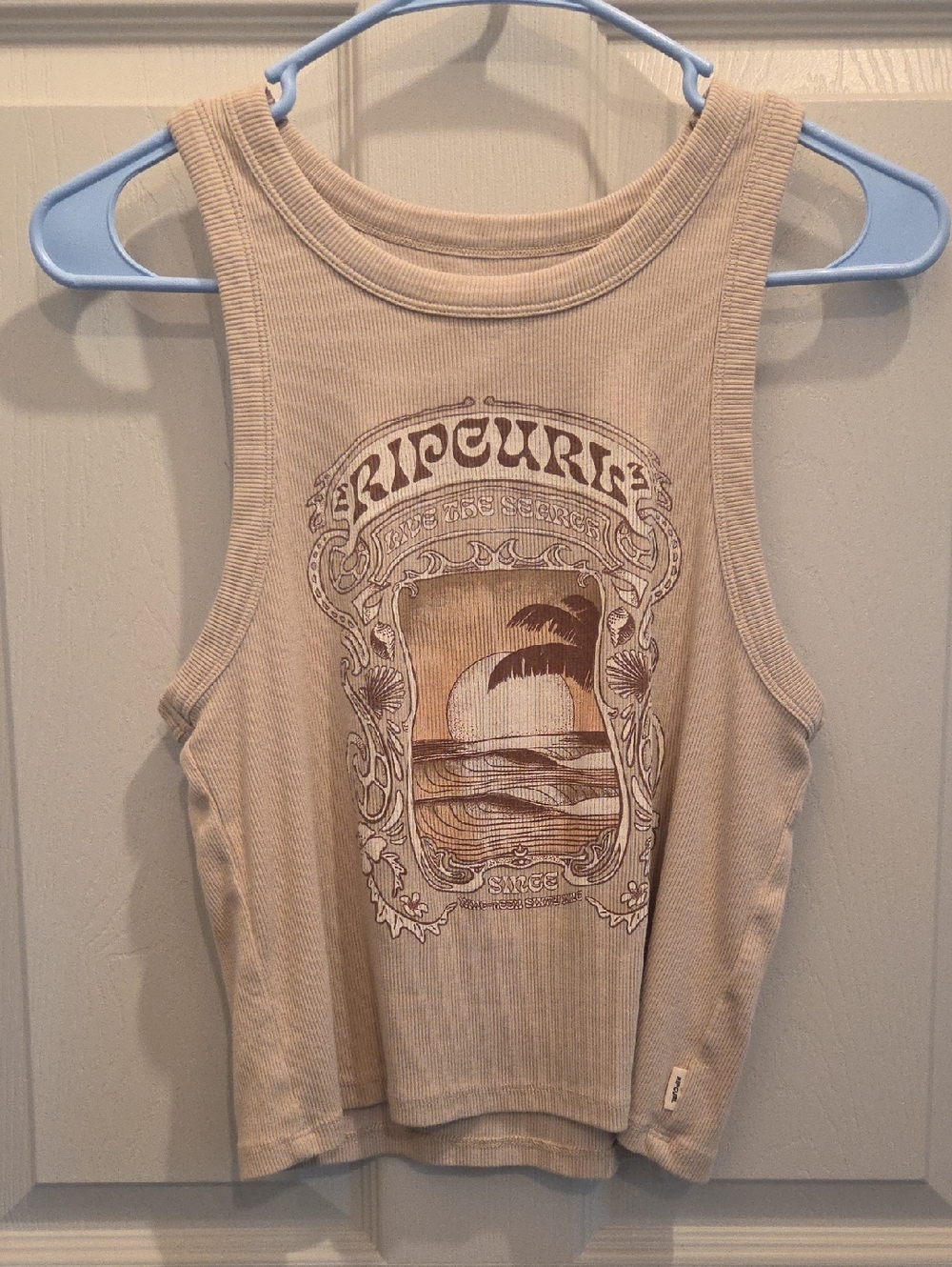 3/$10 Rip Curl Beige Graphic Ribbed Tank with Sunset Motif